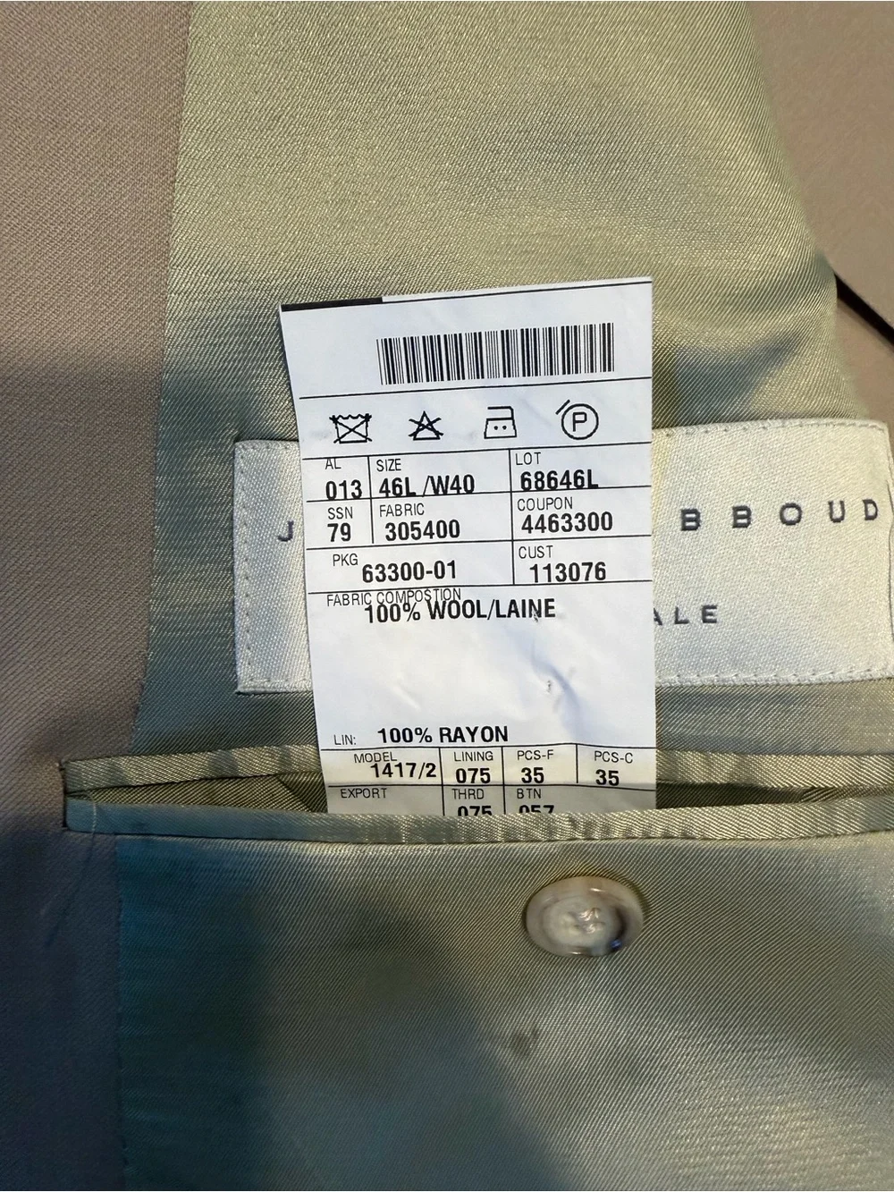 Joseph Abboud Beige Suit Jacket and Pants with Light Sage Lining